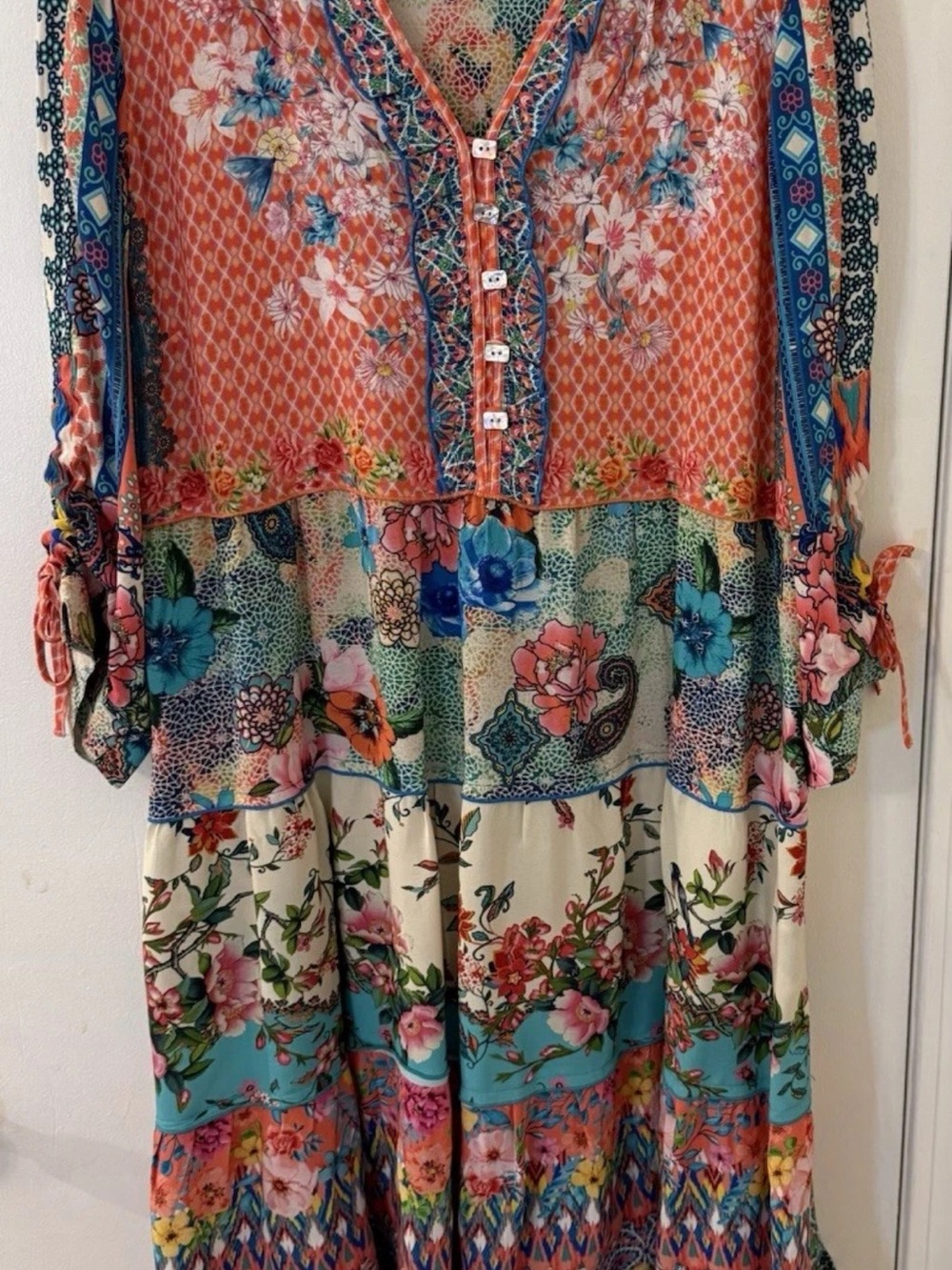 John Mark Orange Floral Midi Dress with Blue Trim - Picture 5 of 6